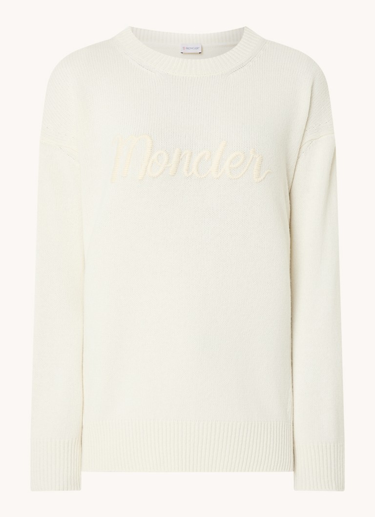 Moncler Dames Fijngebreide pullover in kasjmierblend met logoborduring in de kleur Gebroken wit, maat: m