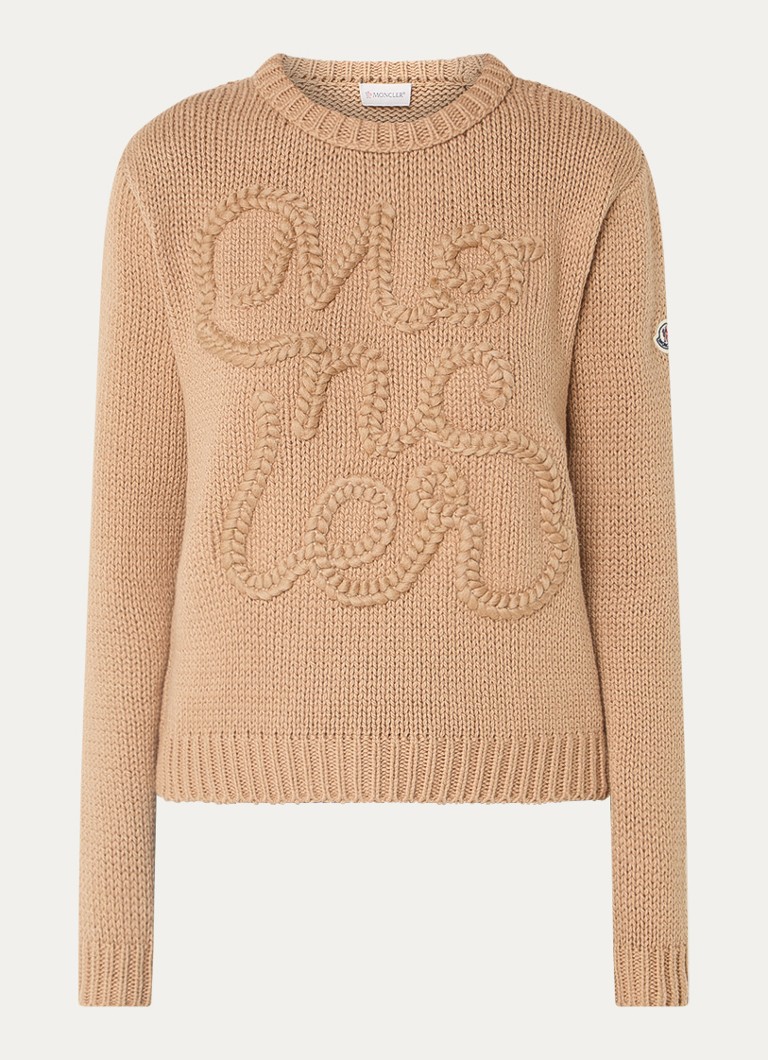 Moncler Dames Grofgebreide trui met ingebreid logo in de kleur Camel, maat: M