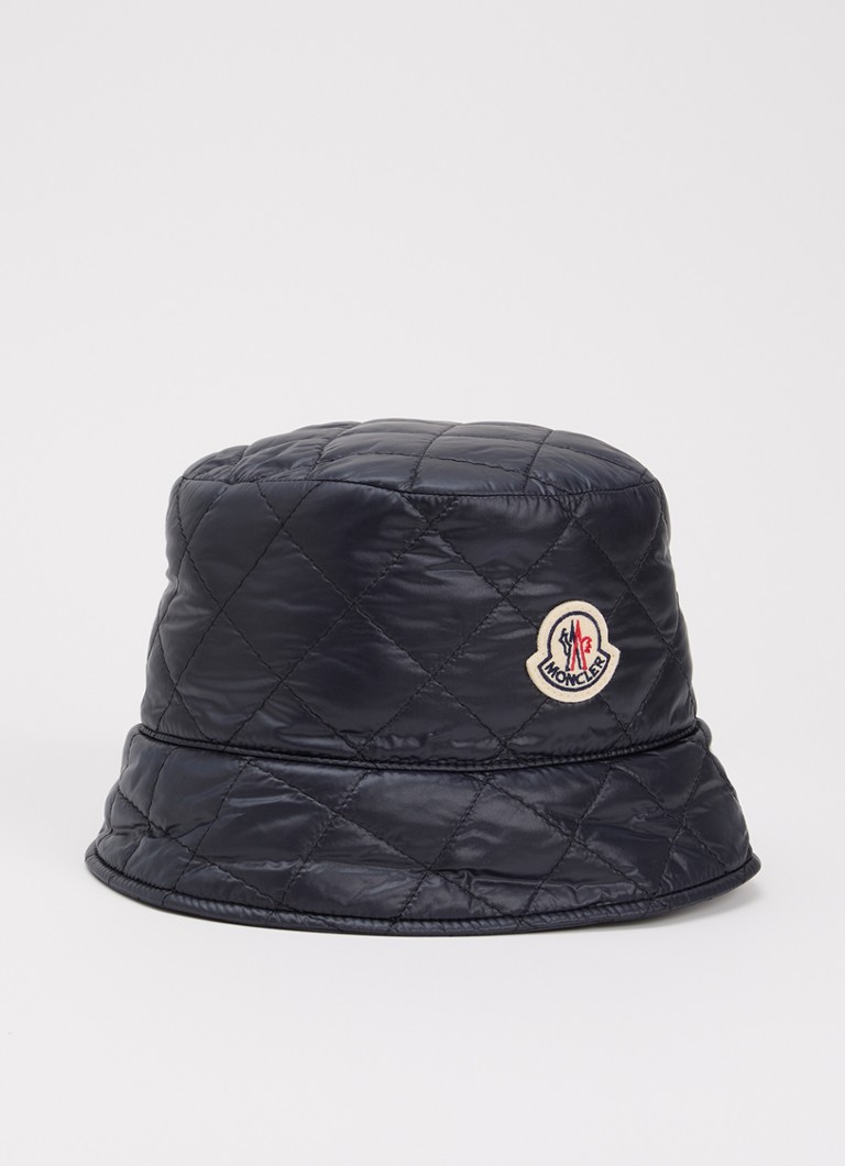 Moncler Dames Bucket hoed met logo en quilt patroon in de kleur Donkerblauw, maat: M