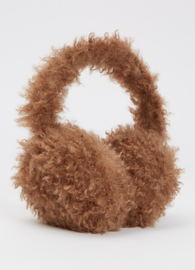 Moncler Dames Oorwarmers van teddy met logo in de kleur Camel, maat: One Size