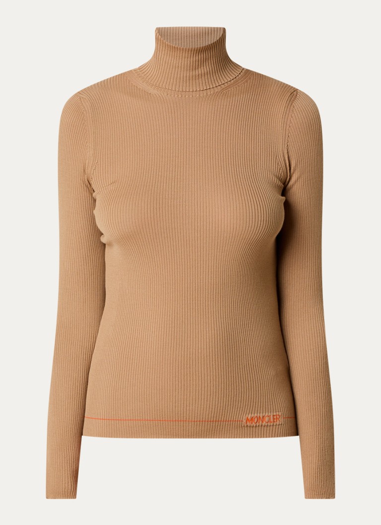 Moncler Dames Dolcevita ribgebreide trui van wol in de kleur Camel, maat: S
