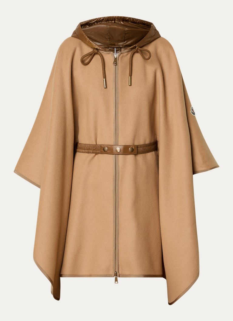 Moncler Dames Cape in wolblend met ceintuur en capuchon in de kleur Camel, maat: ONE SIZE