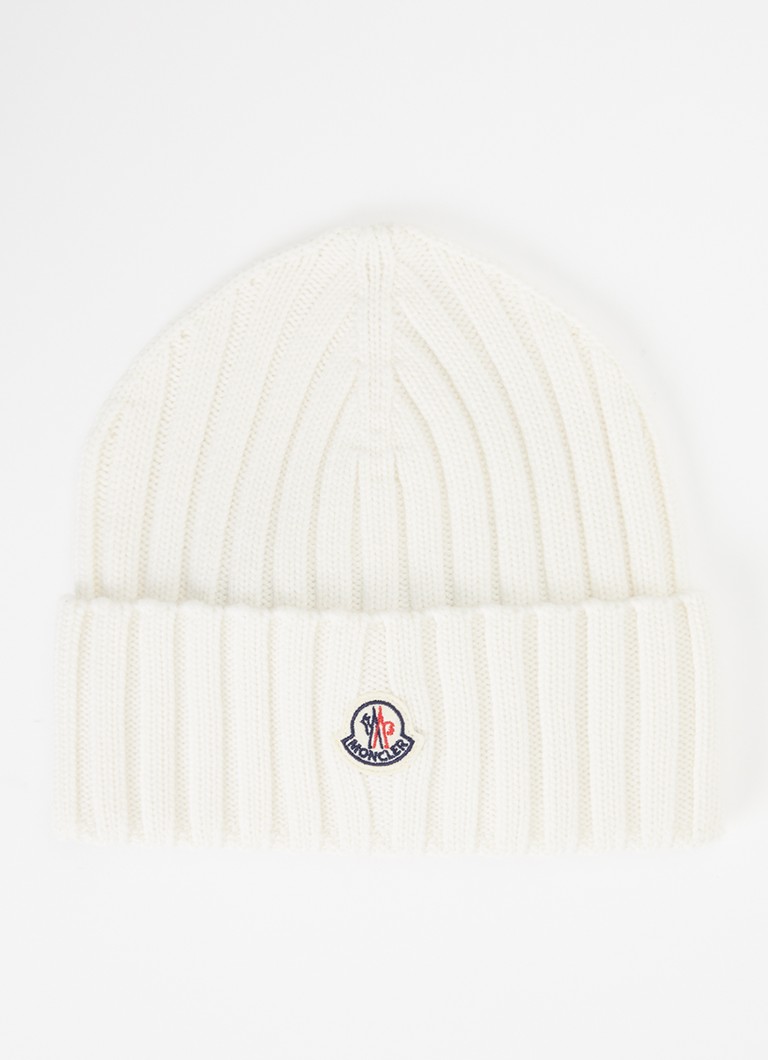 Moncler Dames Ribgebreide muts van wol met logo in de kleur Ivoor, maat: ONE SIZE