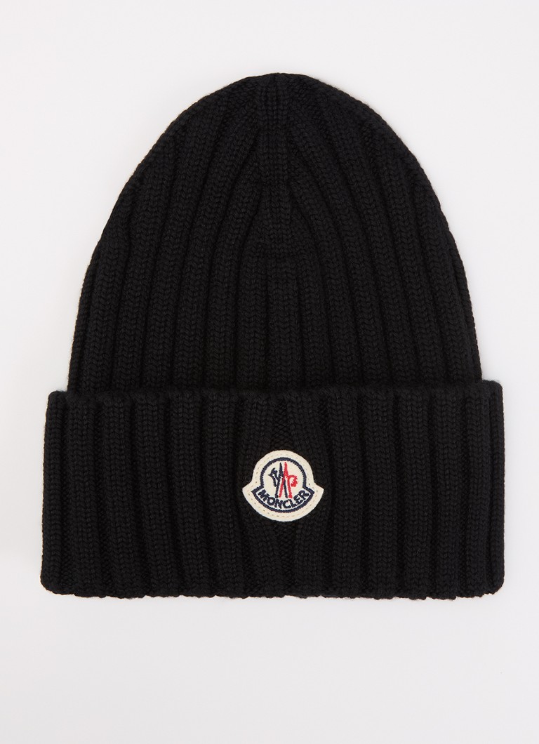 Moncler Dames Ribgebreide muts van wol met logo in de kleur Zwart, maat: ONE SIZE