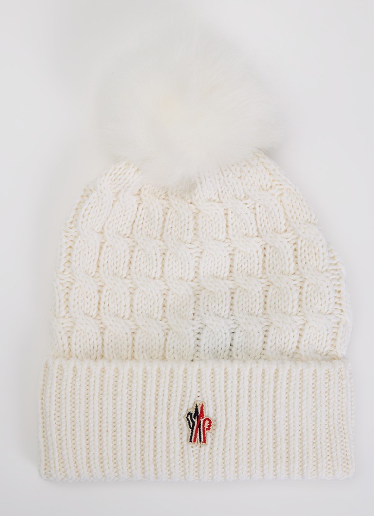 Moncler Dames Kabelgebreide muts van scheerwol met logo in de kleur Gebroken wit, maat: ONE SIZE