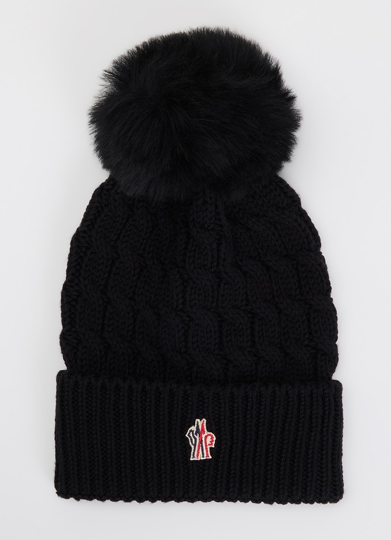 Moncler Dames Kabelgebreide muts van scheerwol met logo in de kleur Zwart, maat: ONE SIZE