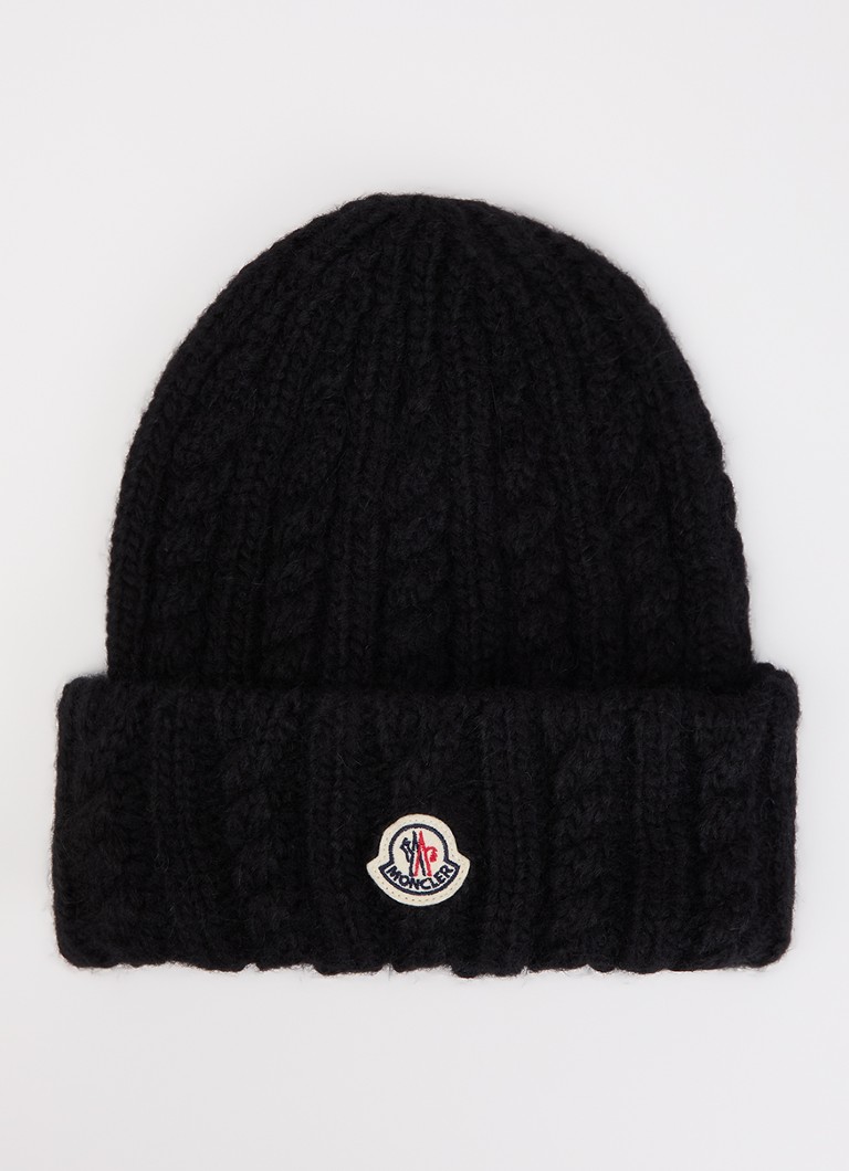 Moncler Dames Grofgebreide muts in alpaca wolblend met logo in de kleur Zwart, maat: ONE SIZE