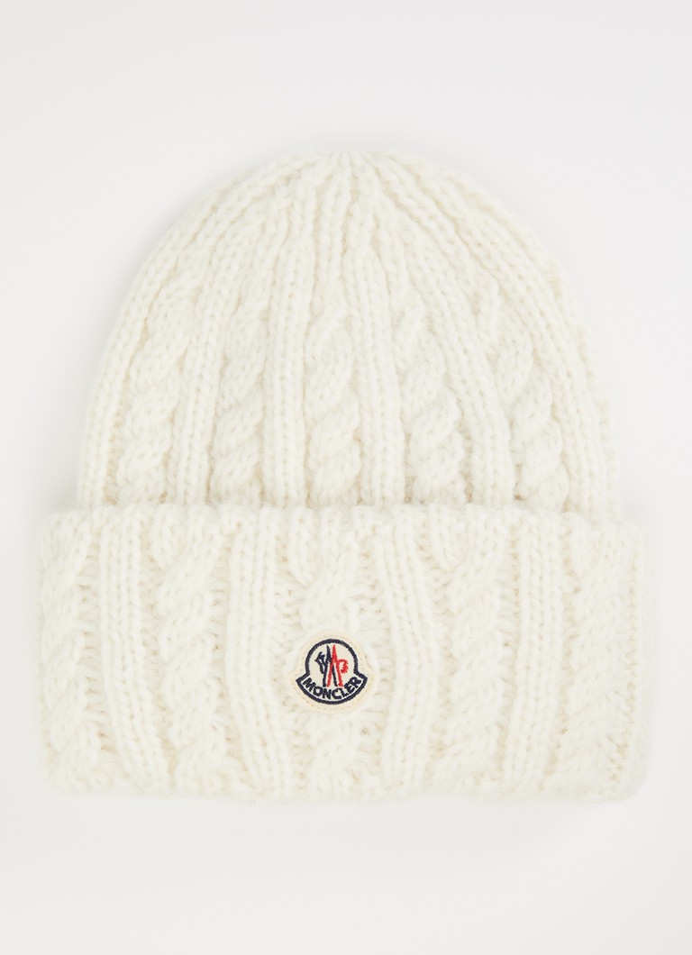 Moncler Dames Kabelgebreide muts in alpaca wolblend met logo in de kleur Ivoor, maat: ONE SIZE