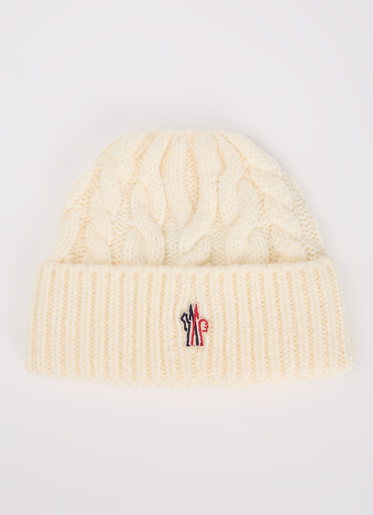 Moncler Dames Kabelgebreide muts in scheerwolblend met logo in de kleur Ivoor, maat: ONE SIZE
