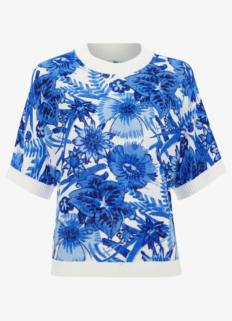 Phase Eight Dames Lizzy fijngebreide top in linnenblend met bloemenprint in de kleur Blauw
