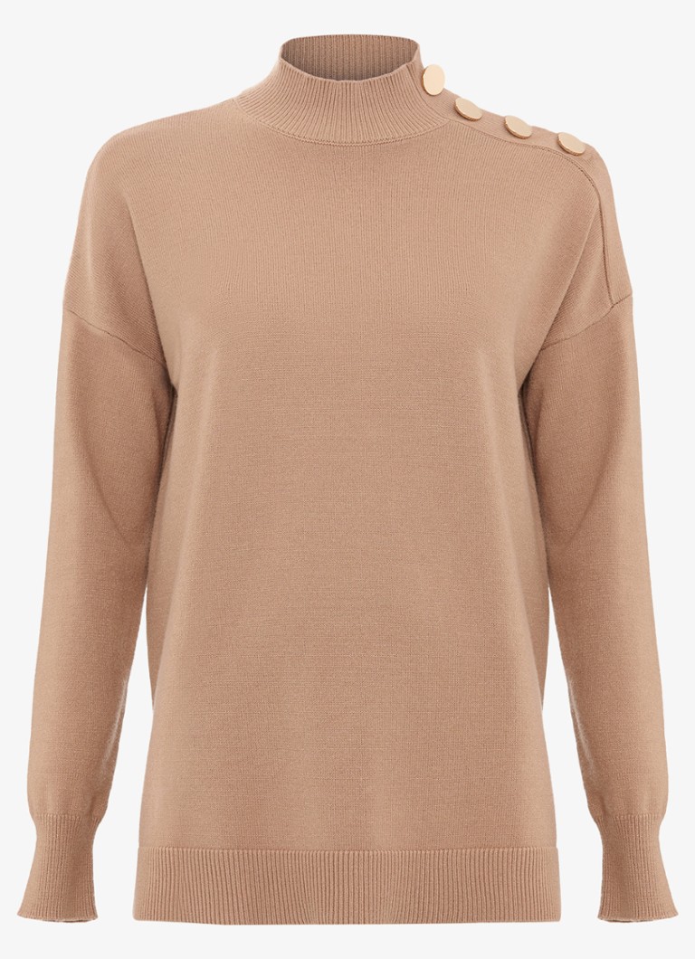 Phase Eight Dames Holly fijngebreide trui met knoopdetail en col in de kleur Camel