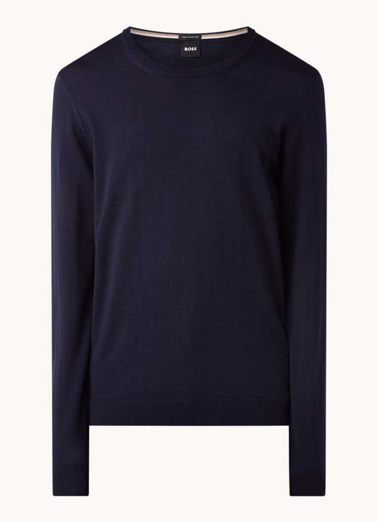 BOSS Heren Leno-P fijngebreide pullover van scheerwol in de kleur Donkerblauw