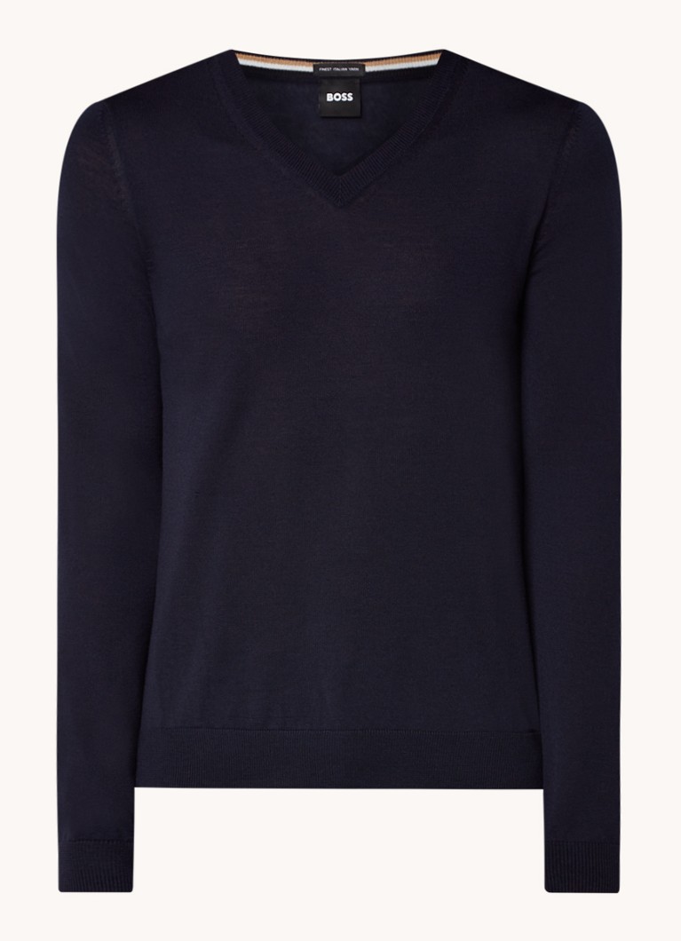 BOSS Heren Melba-P fijngebreide pullover van scheerwol met V-hals in de kleur Donkerblauw