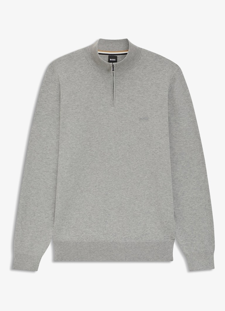 BOSS Heren Sweater met halve rits en logo in de kleur Grijsmele