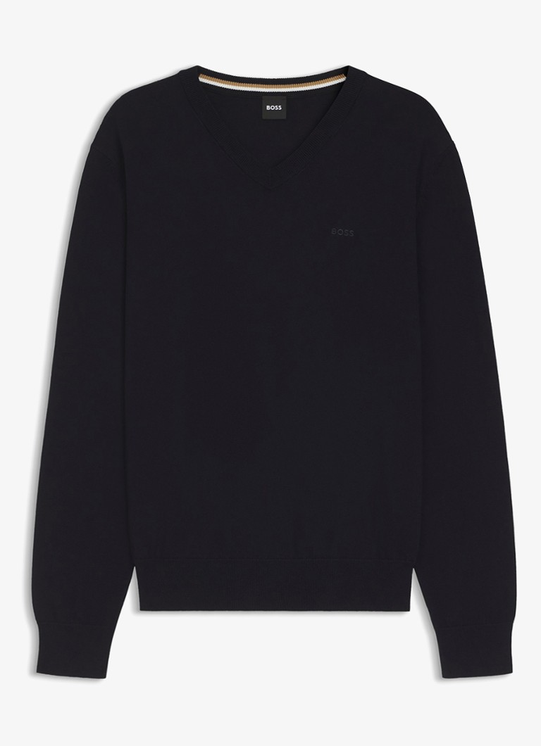 BOSS Heren Fijngebreide pullover met logo in de kleur Donkerblauw