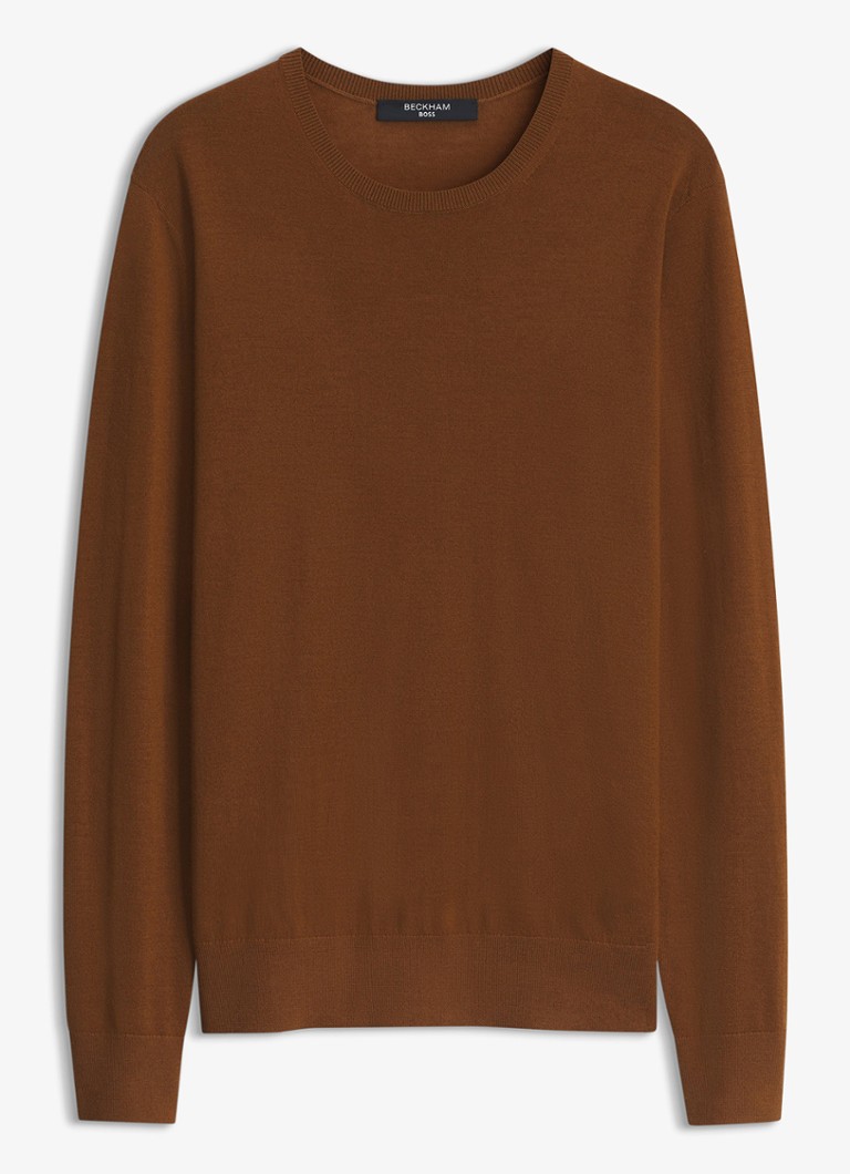 BOSS Heren Fijngebreide trui met ronde hals in de kleur Cognac