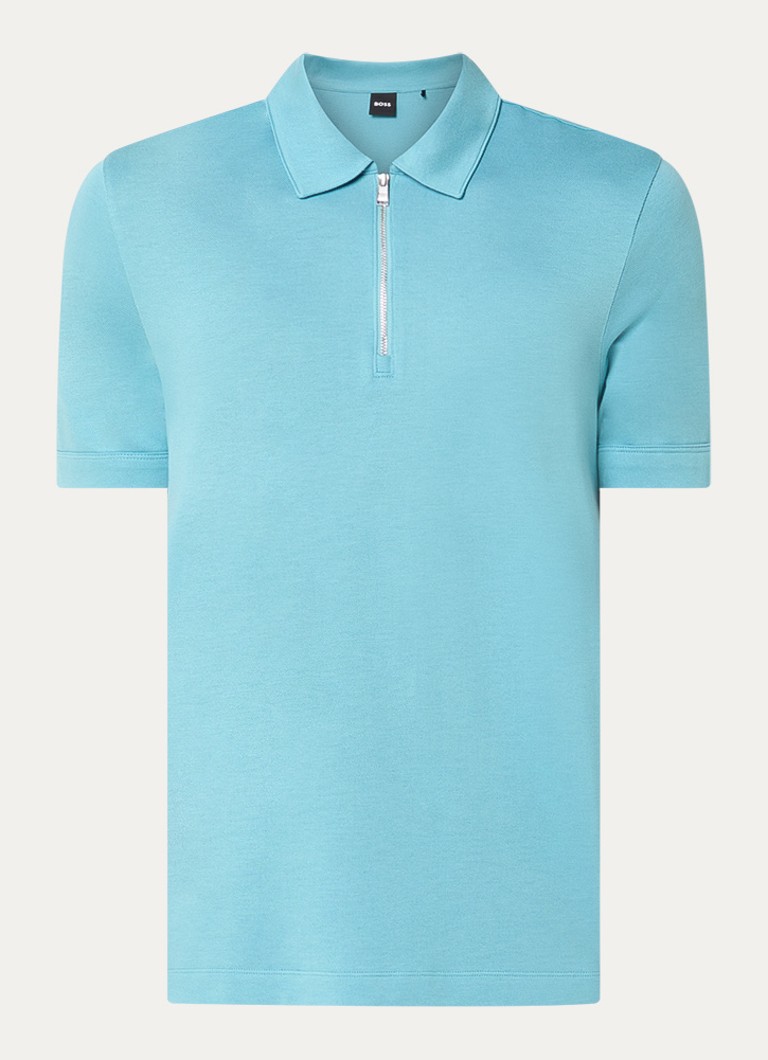 BOSS Heren Polo met piquéstructuur en kraag met rits in de kleur Turquoise