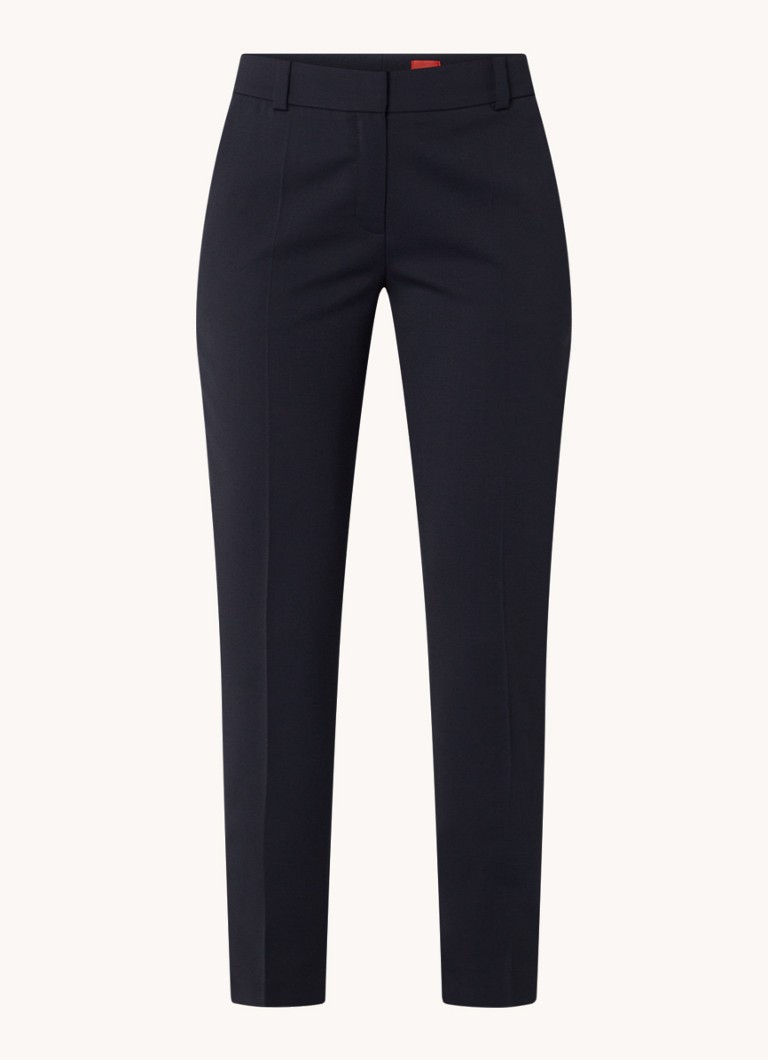 HUGO Dames Hetana mid waist slim fit pantalon in wolblend met steekzakken in de kleur Donkerblauw