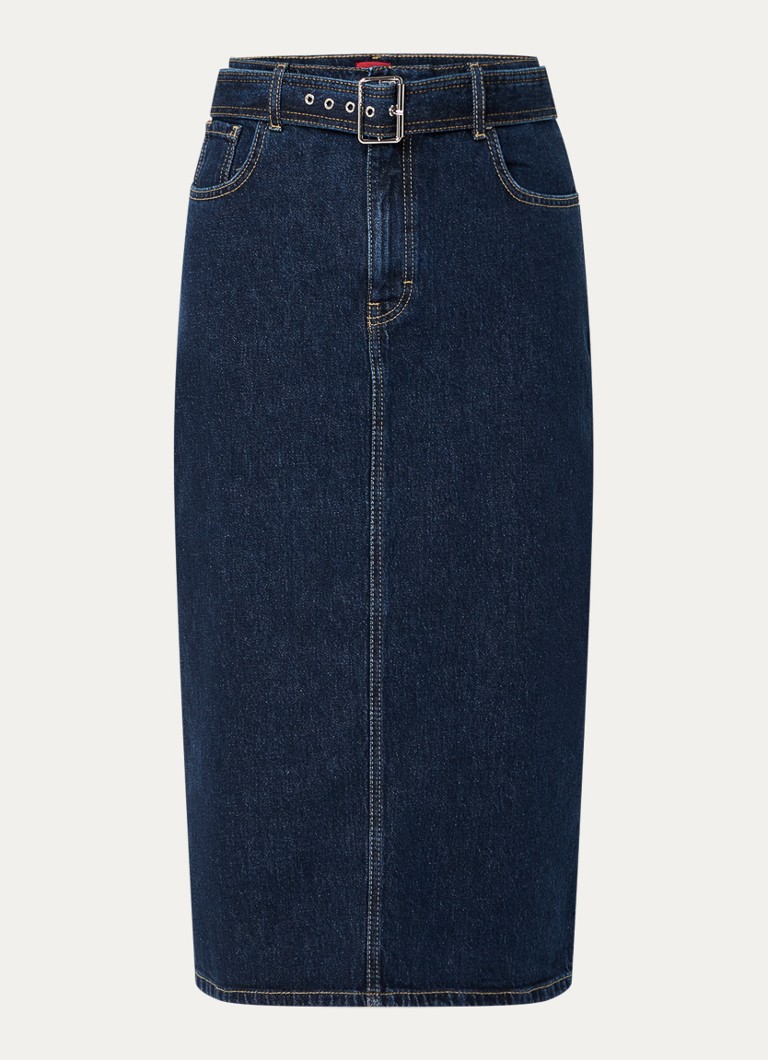 HUGO Dames Gatje midi spijkerrok met ceintuur en split in de kleur Indigo