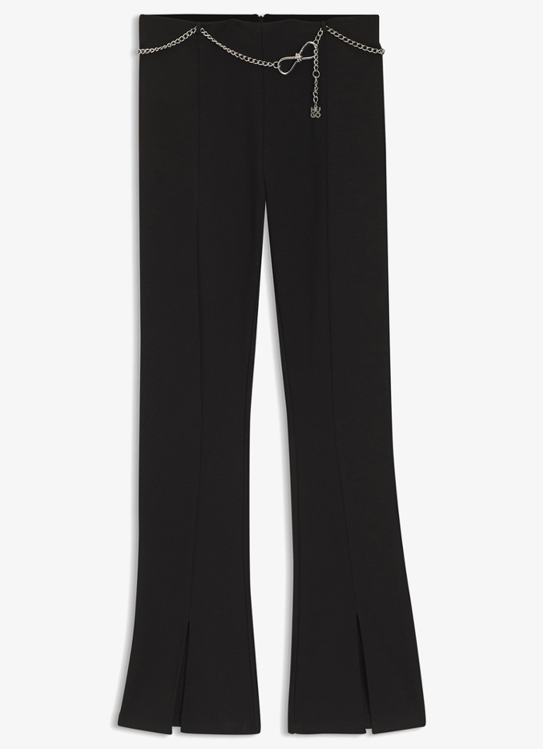 HUGO Dames Mid waist flared fit pantalon met split en ceintuur in de kleur Zwart