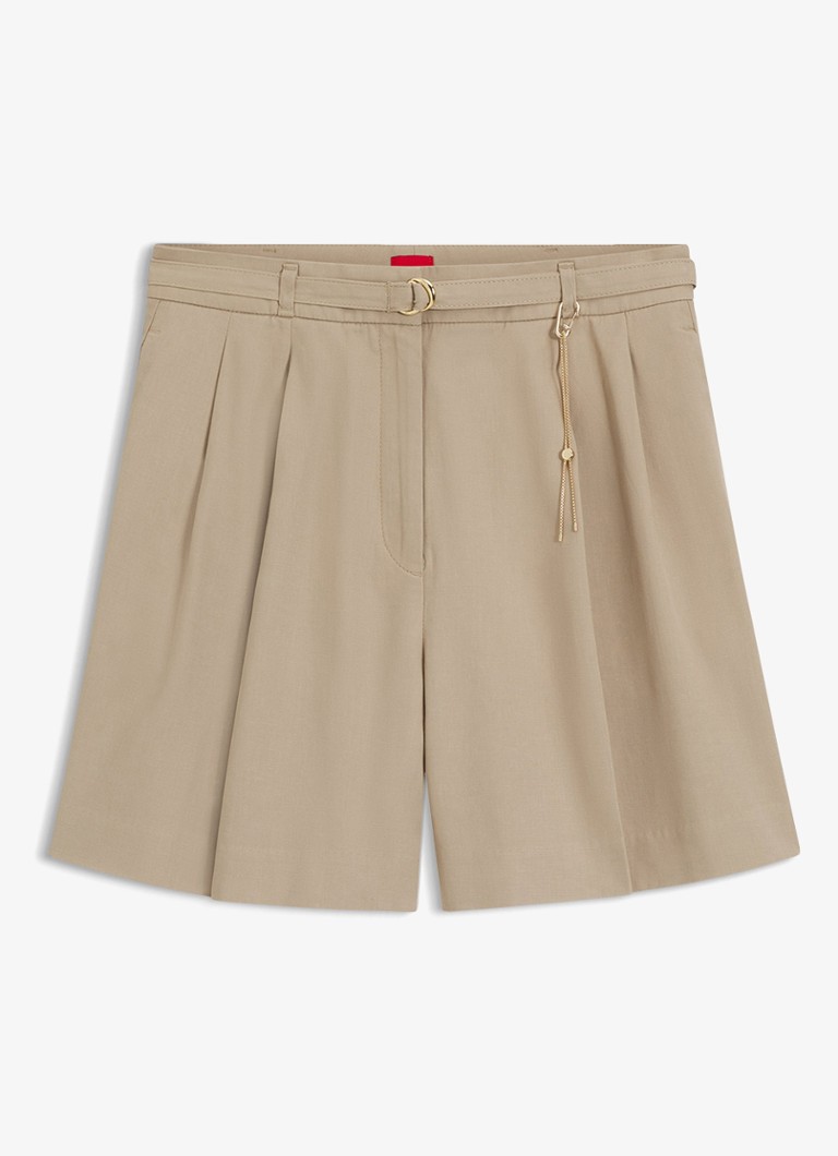 HUGO Dames Henisea high waist wide fit korte broek met kettingdetail in de kleur Light/Pastel Brown-232 / Bruin