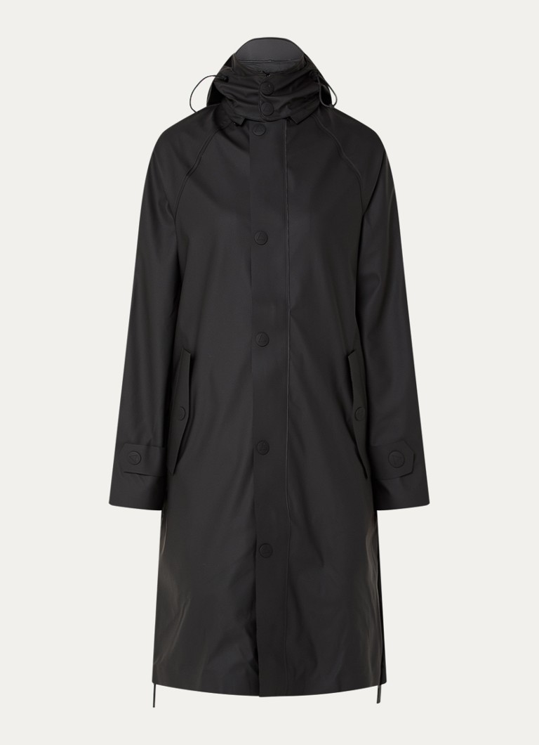 Maium Dames Balmacaan regenjas met capuchon en klepzakken in de kleur Zwart, maat: L