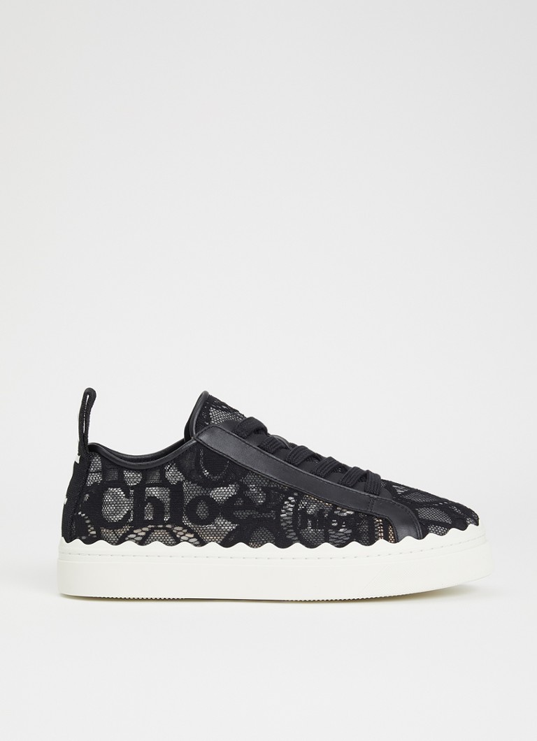 Chloé Dames Lauren sneaker van kant met kalfsleren details in de kleur Zwart, maat: 36