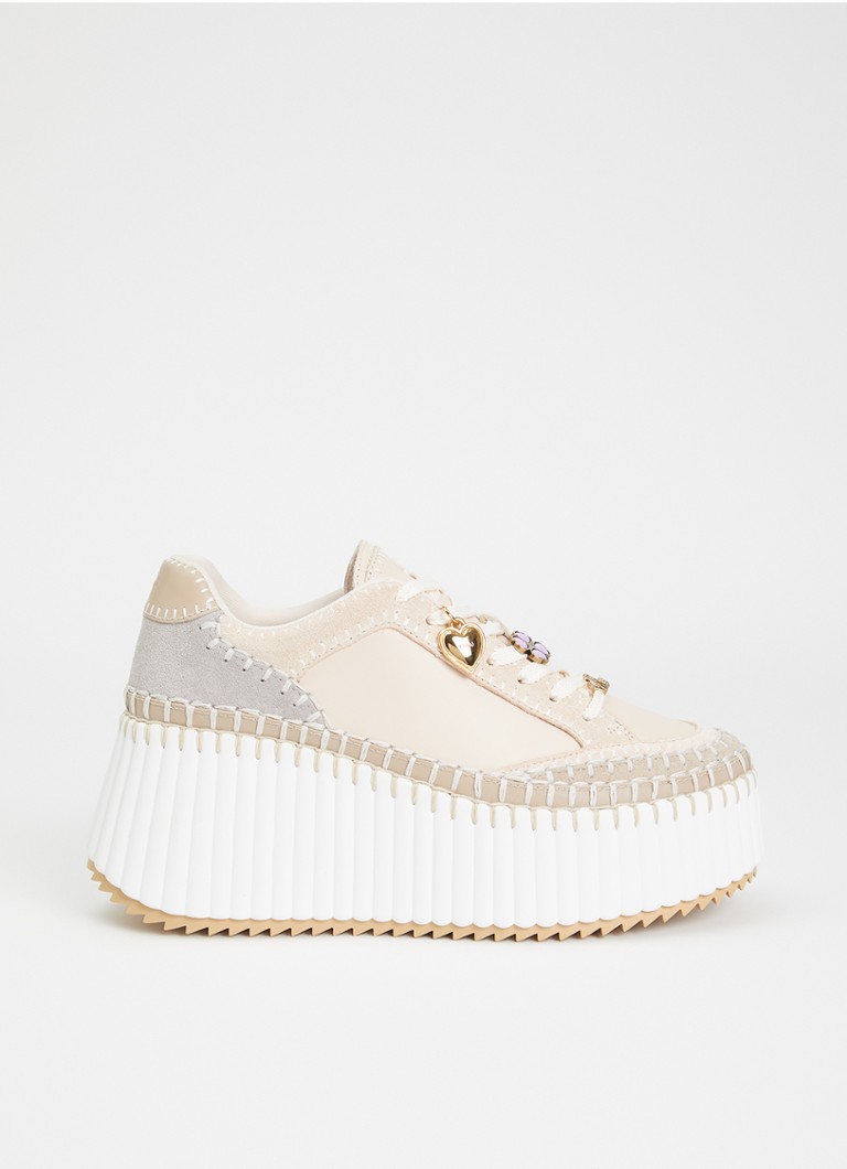 Chloé Dames Nama Wedge sneaker van leer met details van suède in de kleur Creme, maat: 41