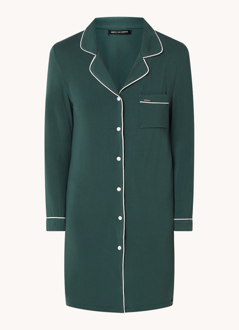 Pretty You Dames Bamboo nachthemd met contrasterende bies in de kleur Donkergroen, maat: 42