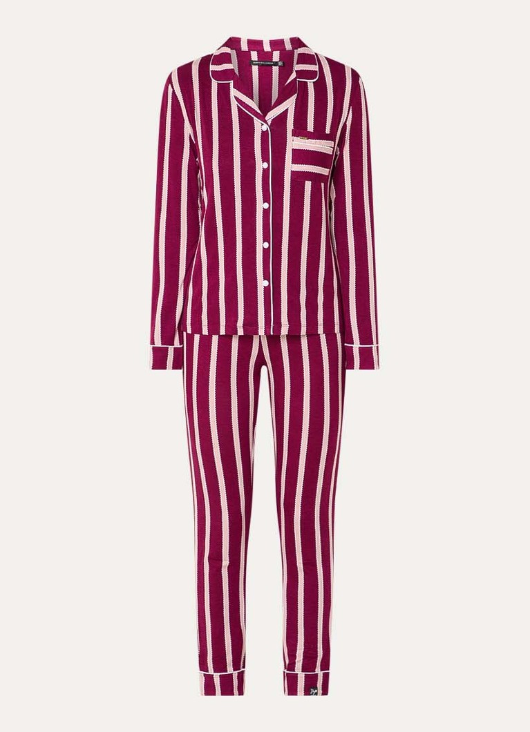 Pretty You Dames Bamboo pyjamaset met contrasterende bies in de kleur Bordeauxrood, maat: 38