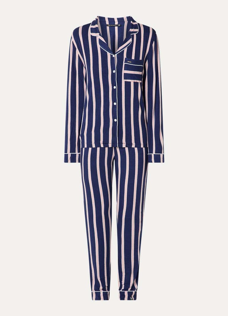 Pretty You Dames Bamboo pyjamaset met contrasterende bies in de kleur Donkerblauw, maat: 36