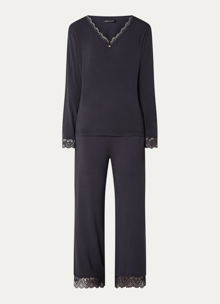 Pretty You Dames Bamboo pyjamaset met details van kant in de kleur Antraciet, maat: 36