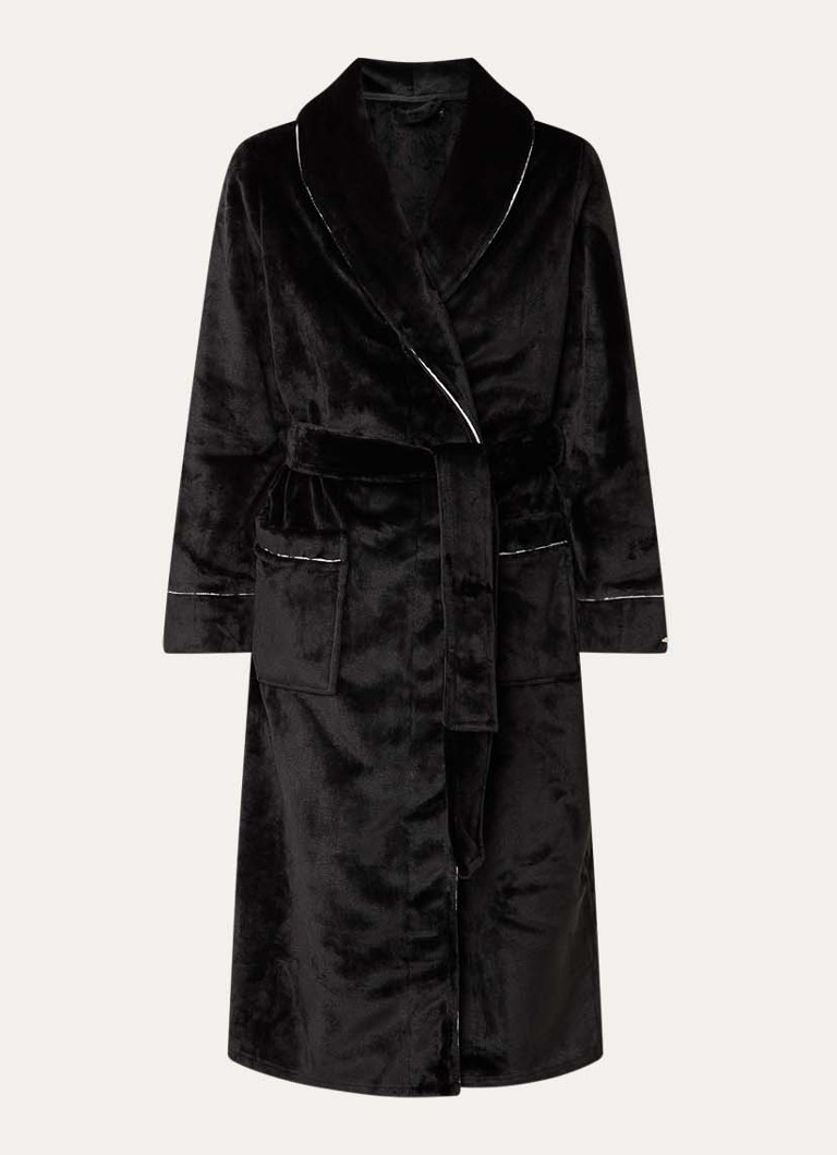 Pretty You Dames Velour badjas met opgestikte zakken in de kleur Zwart, maat: S