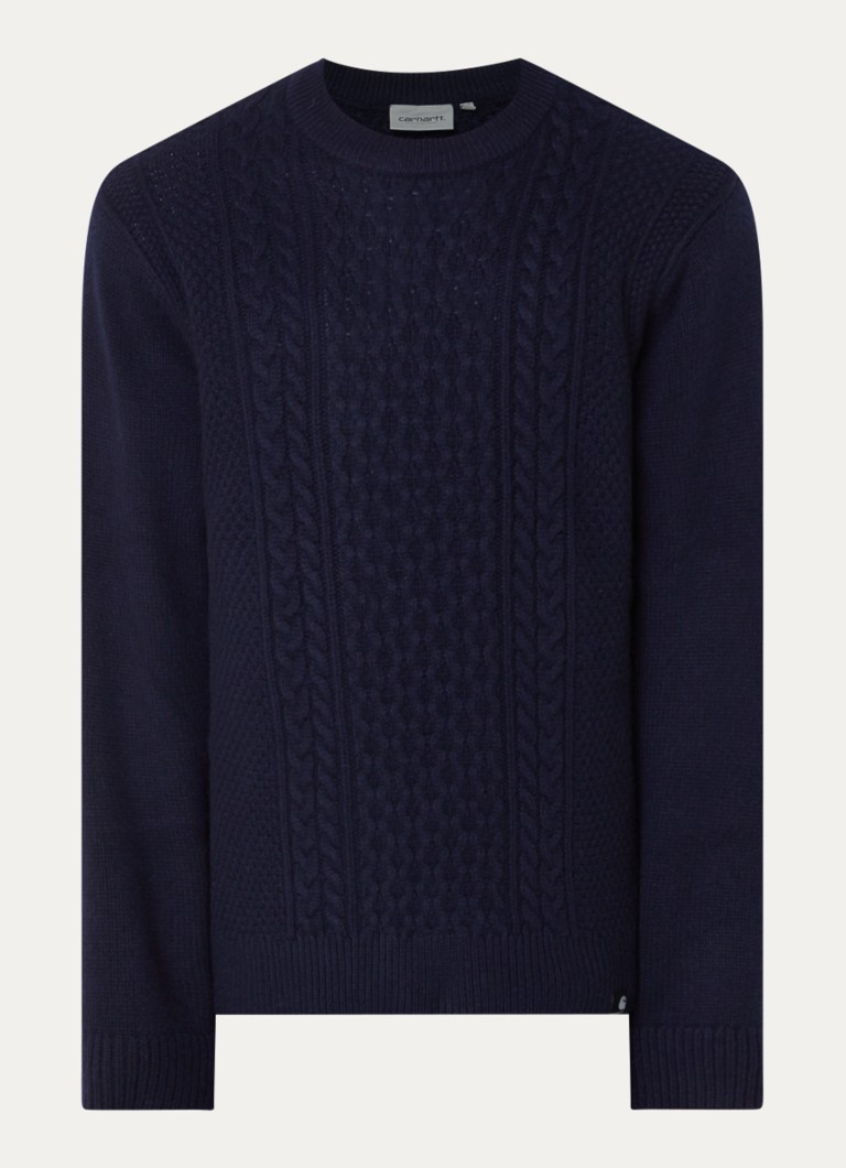 Carhartt WIP Heren Caster kabelgebreide trui in wolblend in de kleur Donkerblauw, maat: L