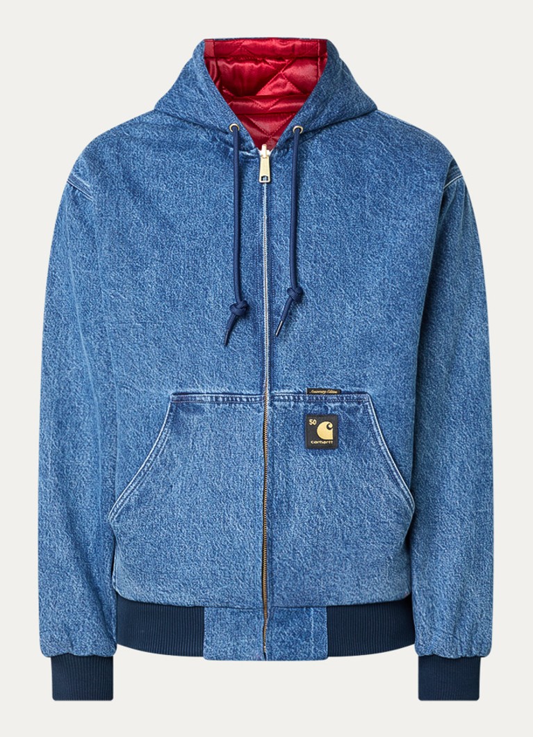 Carhartt WIP Heren 50th Anniversary Edition Active reversible gewatteerd bomberjack met capuchon in de kleur Indigo, maat: L