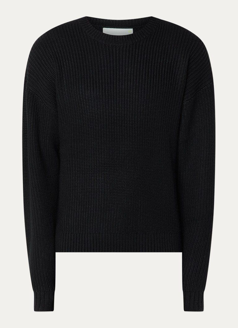 New Amsterdam Surf Association Heren Line grofgebreide trui met ingebreid logo in de kleur Zwart, maat: M