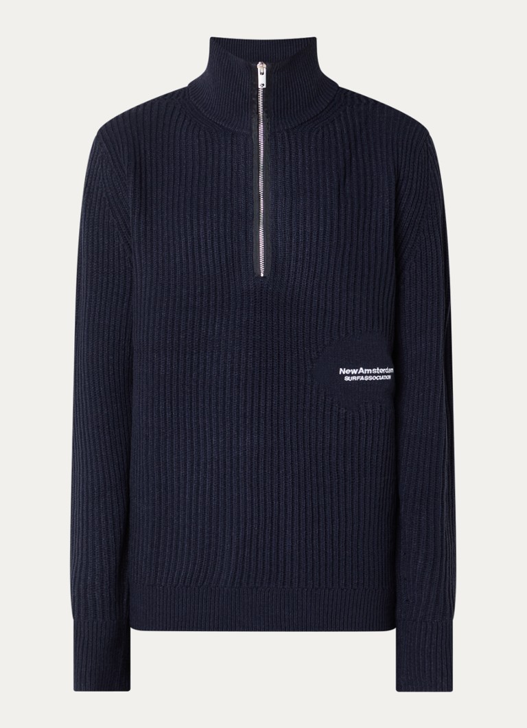 New Amsterdam Surf Association Heren Ribgebreide trui met halve rits in de kleur Beige, maat: S