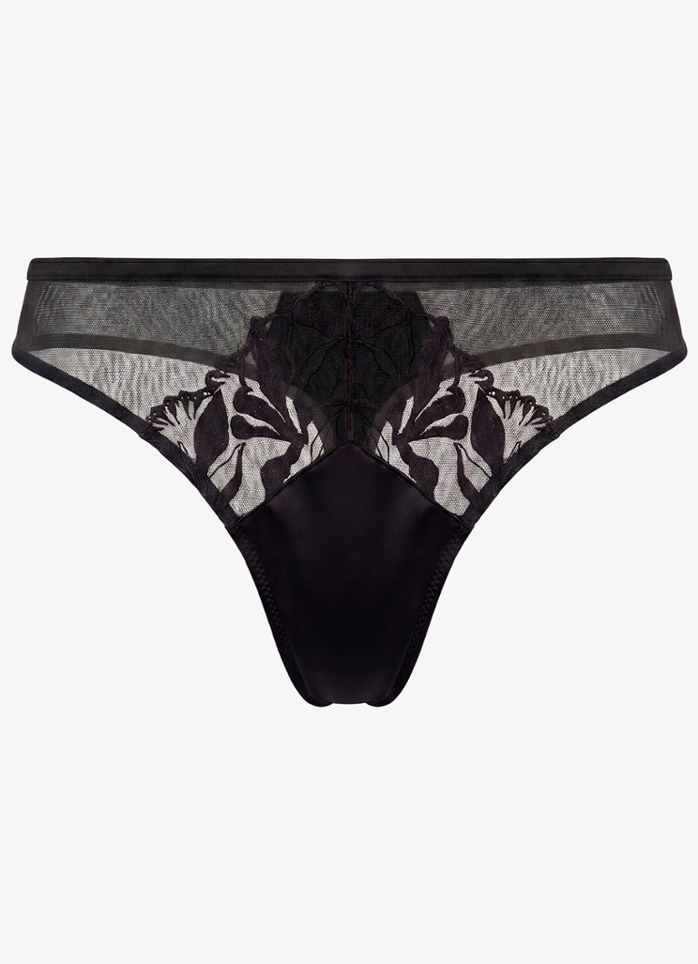 Calvin Klein Dames Tanga van mesh met borduring in de kleur Zwart