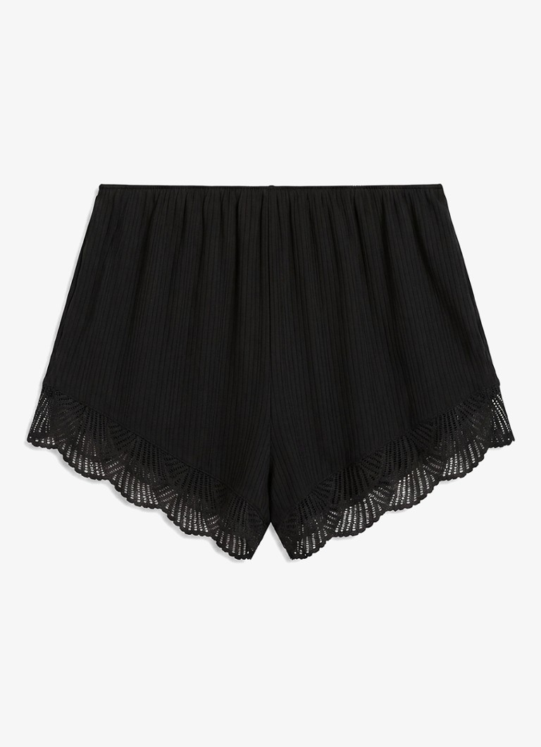 Calvin Klein Dames Korte pyjamabroek van kant met ribstructuur in de kleur Zwart