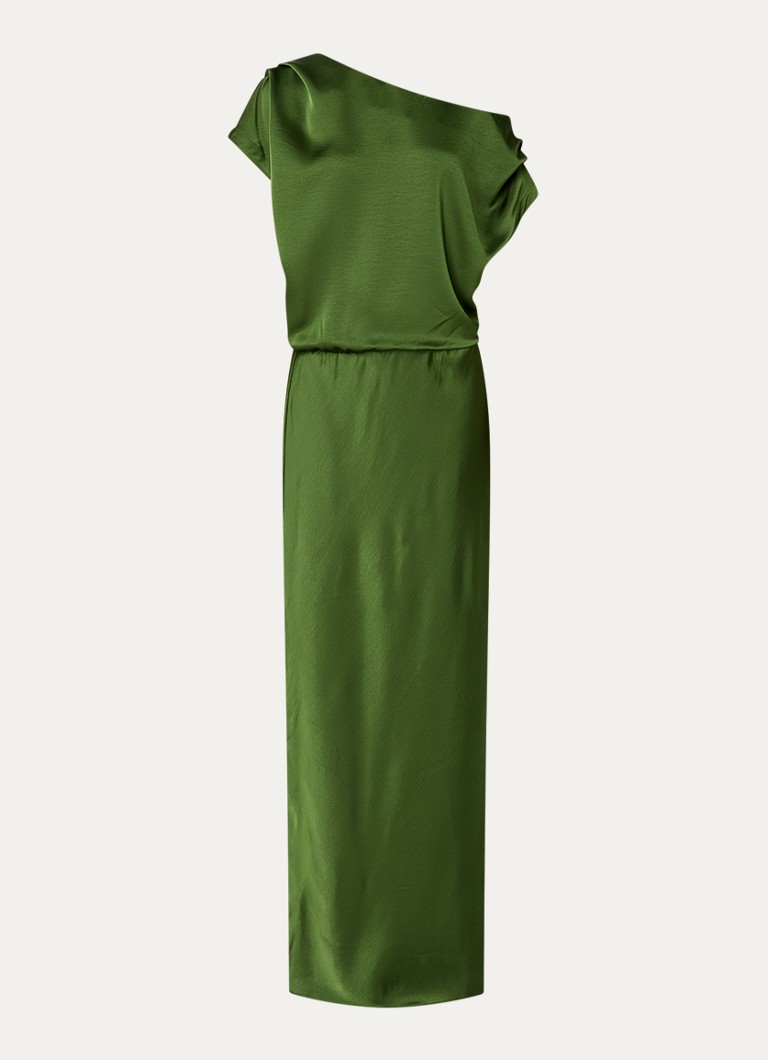 Dante 6 Dames Epic one shoulder maxi jurk van satijn met split in de kleur Legergroen, maat: 42