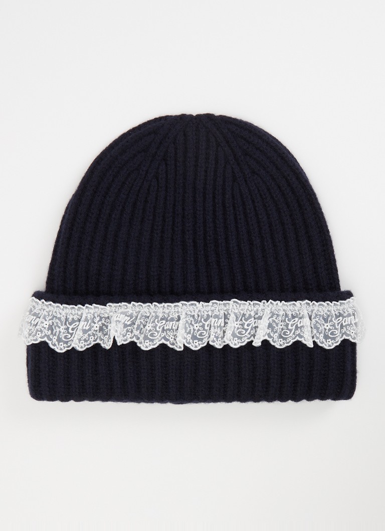 Ganni Dames Ribgebreide muts van wol met details van kant in de kleur Donkerblauw, maat: ONE SIZE
