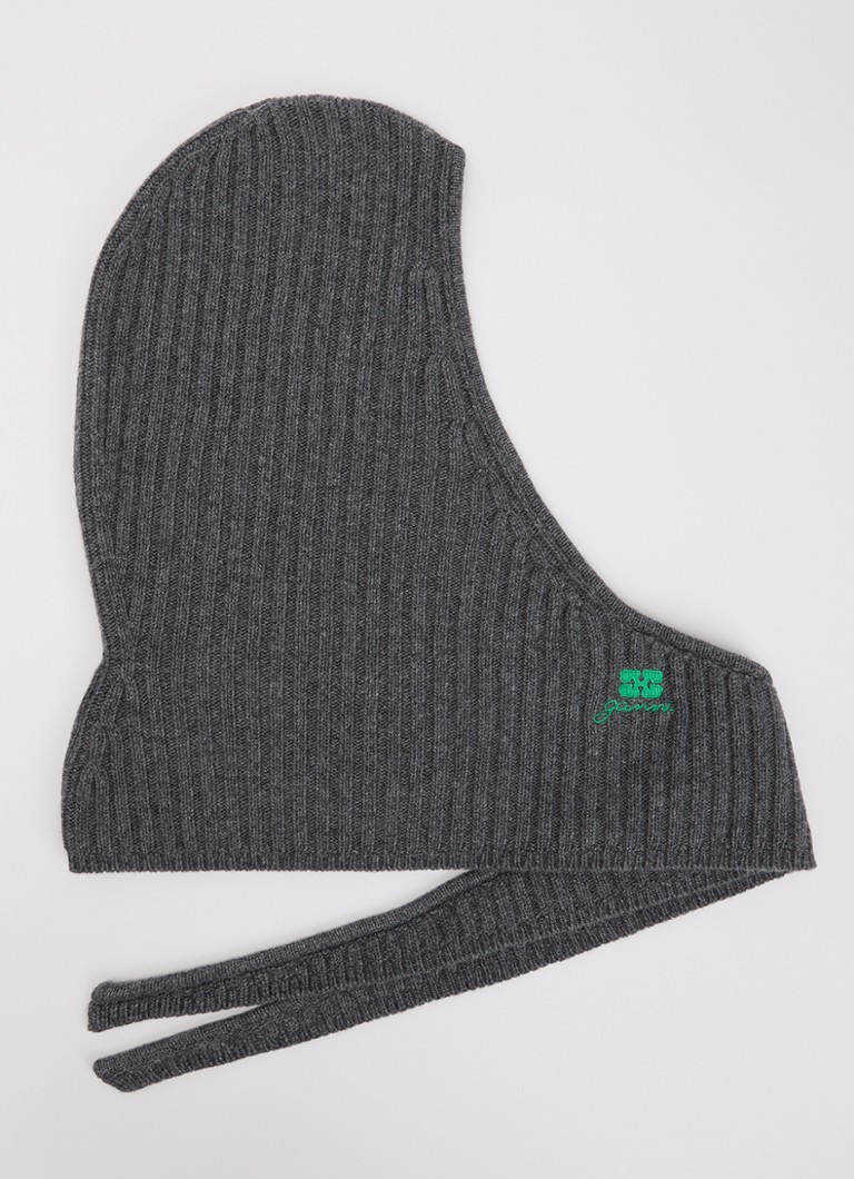 Ganni Dames Core ribgebreide sjaal van wol met capuchon in de kleur Donkergrijs, maat: 1 SIZE