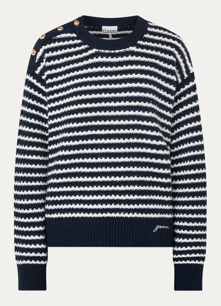 Ganni Dames Grofgebreide trui in wolblend met streepprint en sierknopen in de kleur Donkerblauw, maat: L/XL
