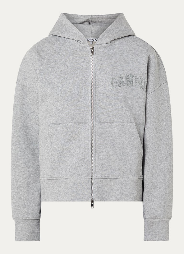Ganni Dames Sweatvest met logoborduring en capuchon in de kleur Grijs, maat: XS