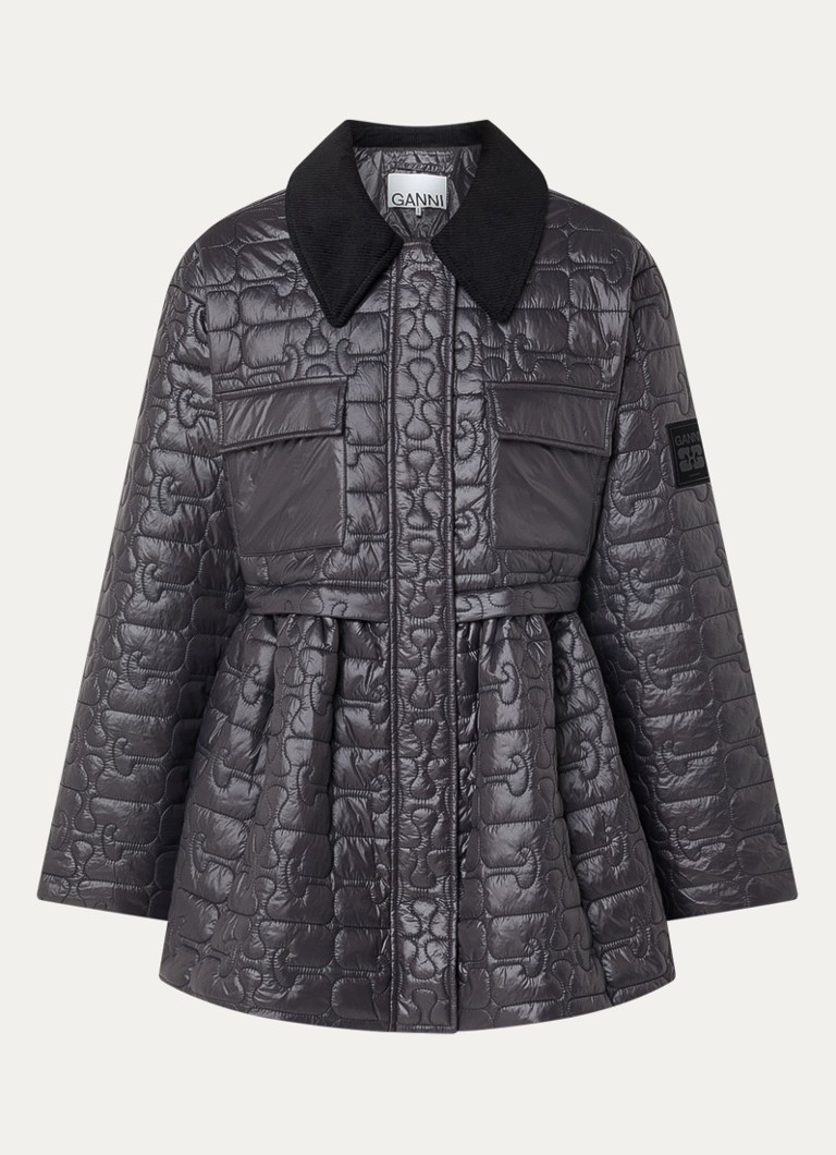 Ganni Dames Gewatteerd jack met quilt patroon en details van corduroy in de kleur Antraciet, maat: L/XL