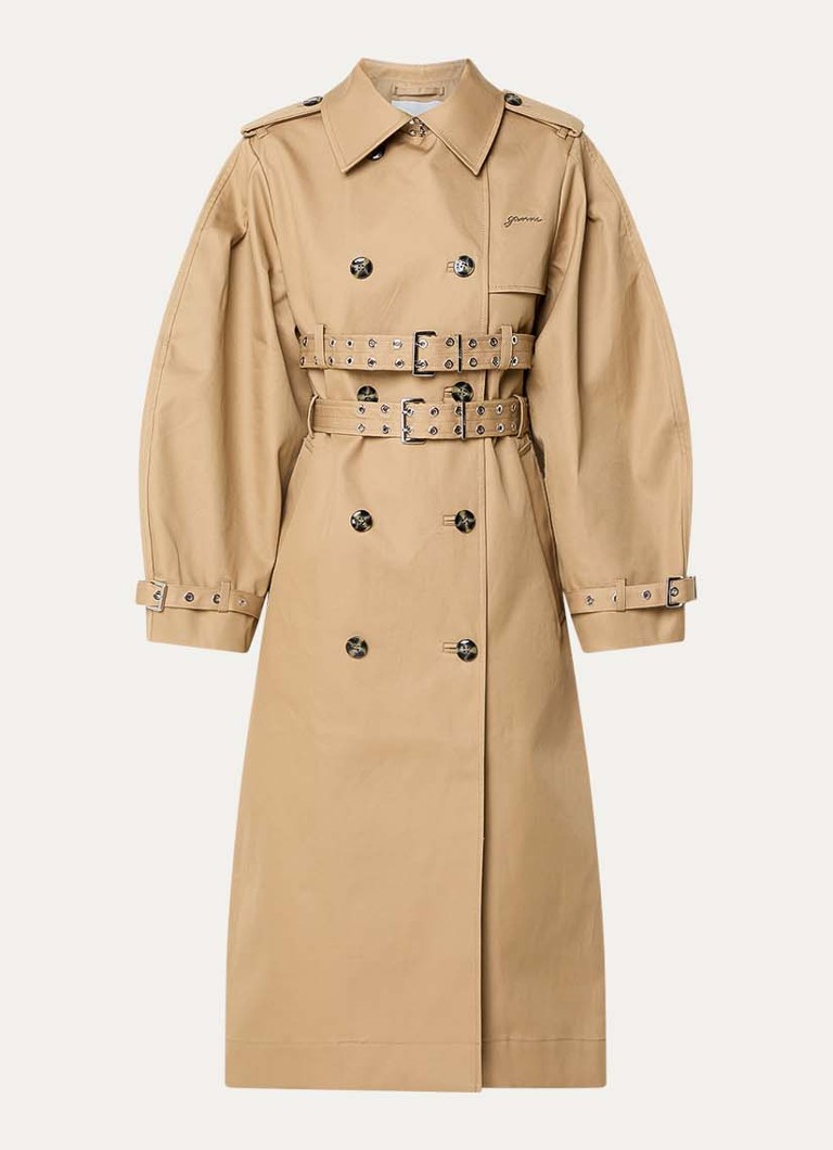 Ganni Dames Double-breasted trenchcoat met steekzakken in de kleur Camel, maat: 38
