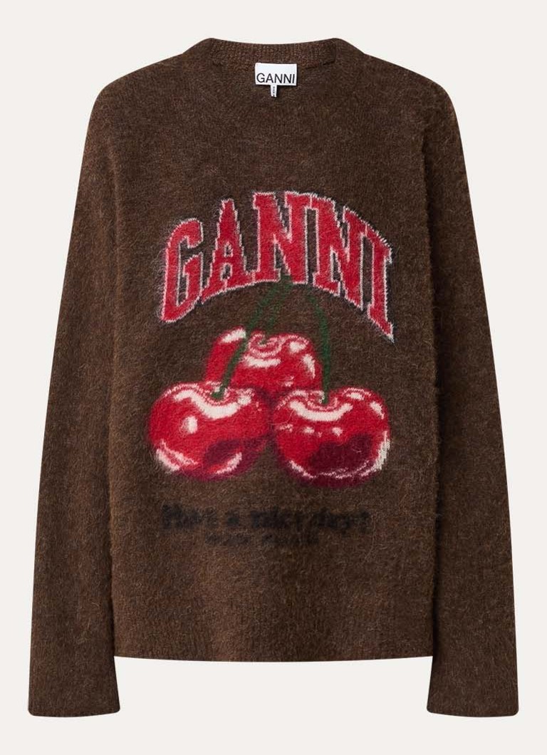 Ganni Dames Fijngebreide trui in alpaca wolblend met ingebreide print in de kleur Bruin, maat: S