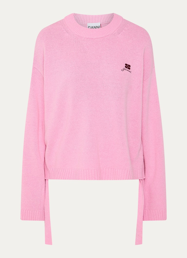Ganni Dames Grofgebreide trui in wolblend met gestrikt detail en logo in de kleur Roze, maat: XS