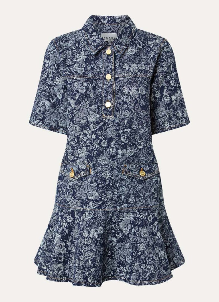Ganni Dames Mini A-lijn denim jurk met bloemenprint in de kleur Donkerblauw, maat: 34