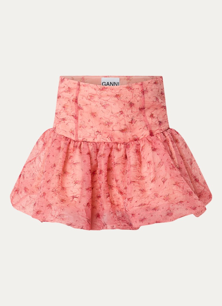 Ganni Dames Shibori mid waist mini rok van mesh in de kleur Zalmroze, maat: 38